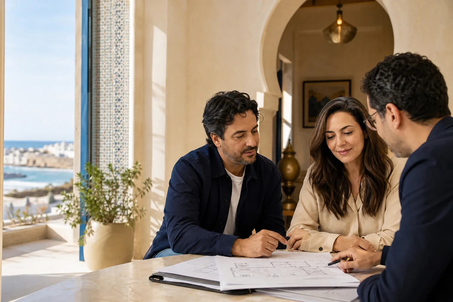 Conseiller accompagnant un couple dans la préparation de son financement immobilier au Maroc