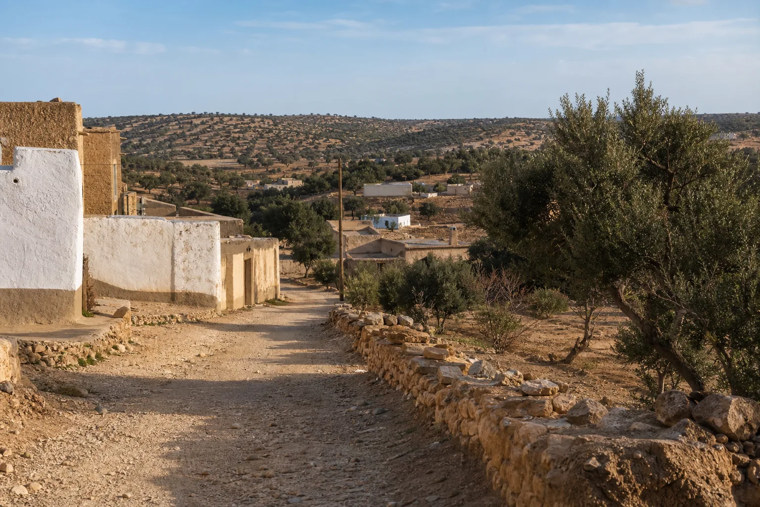 Maisons rurales, piste et arganiers dans le douar de Bouzama près d’Essaouira