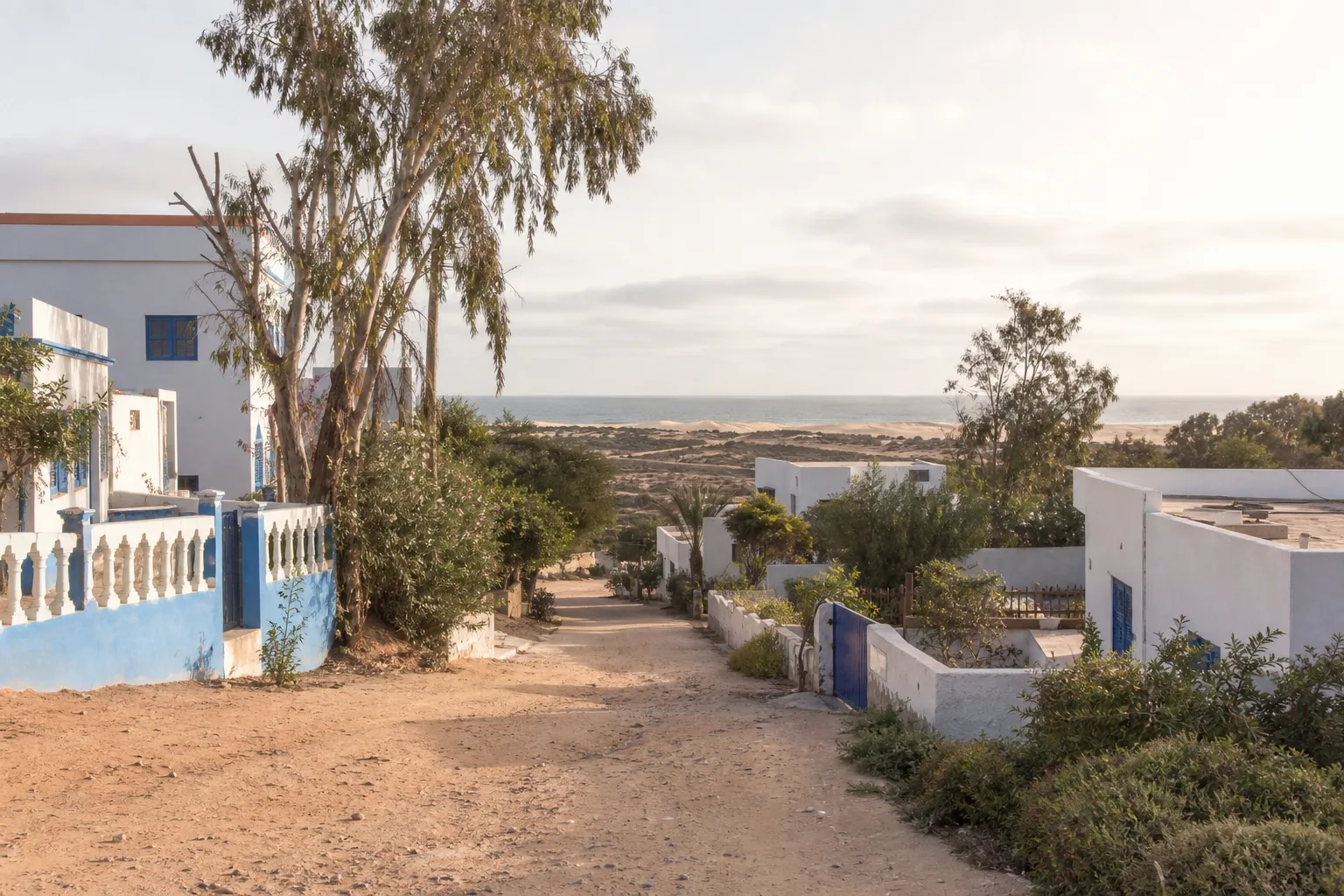 Maisons blanches et piste tournée vers les dunes et l’Atlantique dans le village de Diabat