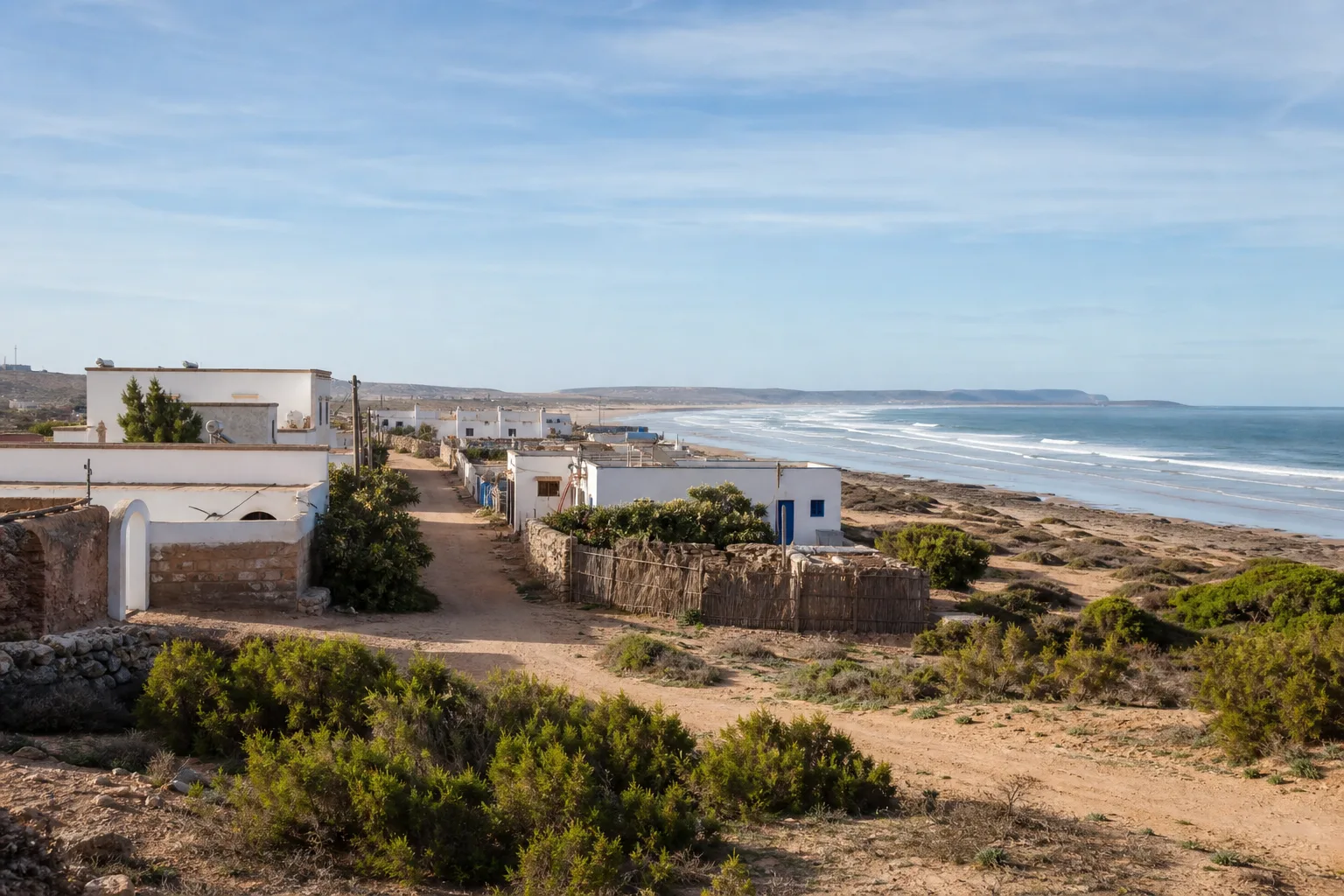 Maisons blanches et piste face à la plage atlantique de Sidi Kaouki